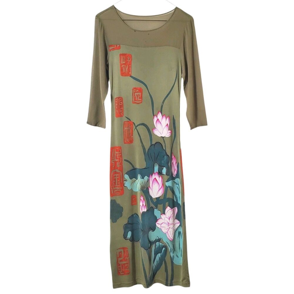 Illig Vintage 100% Silk Midi Dress Size M Y2K Asian Lotus Print Kanji Womens
